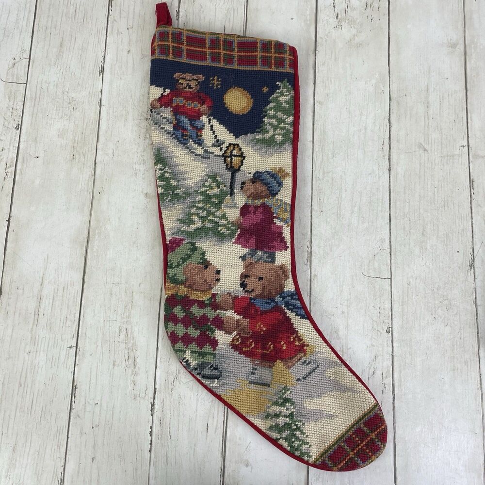 Vtg Needlepoint Christmas Stocking Skiing & Ice Skating Bears Red Velvet Back